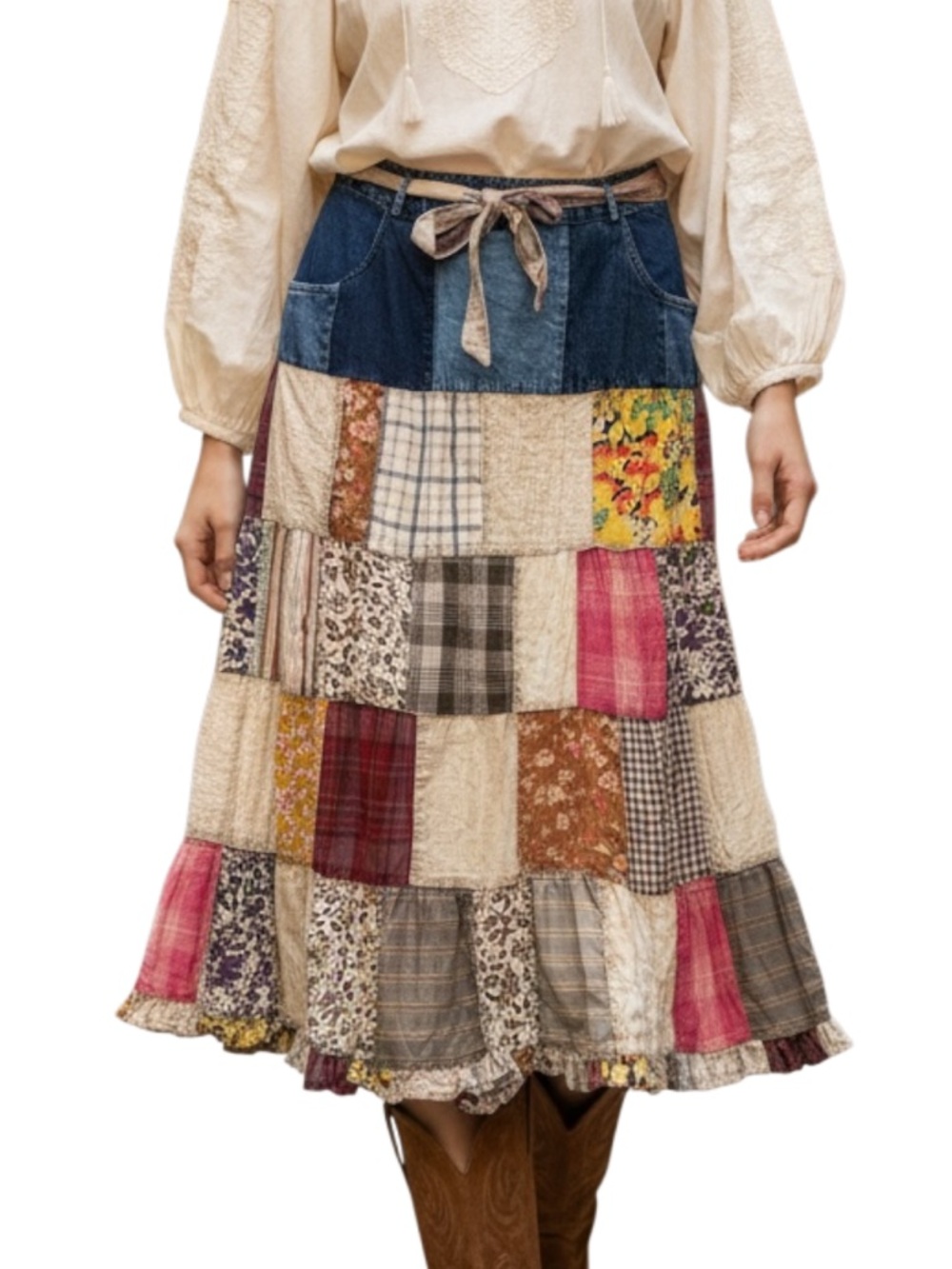 Young Threads 1X Bohemian Patchwork Midi Skirt in Multicolor with Denim at Waist